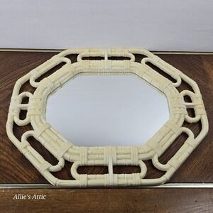 80s Homco Rattan Bamboo Wicker Plastic Octagonal Mirror Vintage Off White 17x14